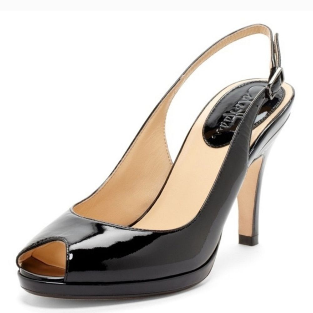 Cole Haan Black Patent Leather Slingback Womens Open Toe Heels Cushion Sole 7.5